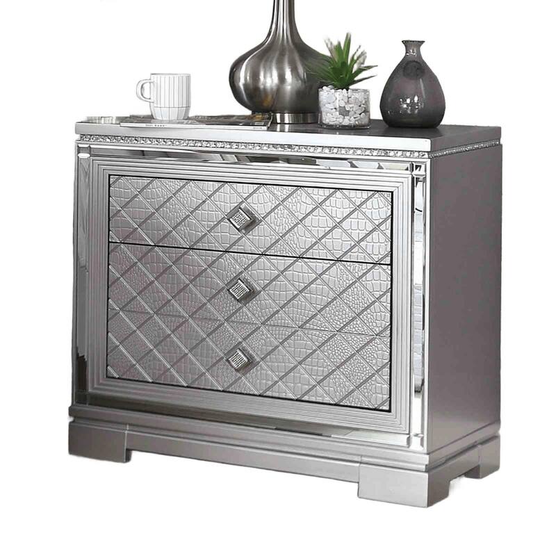 Glam Nightstand with USB Port & Hidden Jewelry Drawer - Silver Finish