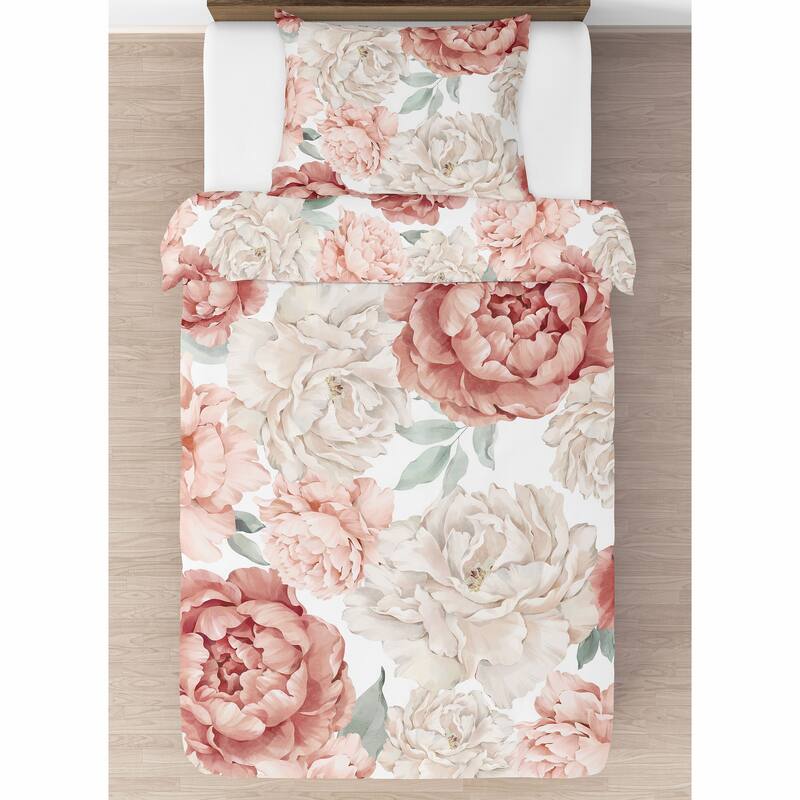 Boho Shabby Chic Floral Girl Twin Comforter Set Ivory Bohemian Vintage Garden Watercolor Flower Nature Elegant Pastel Dusty Rose