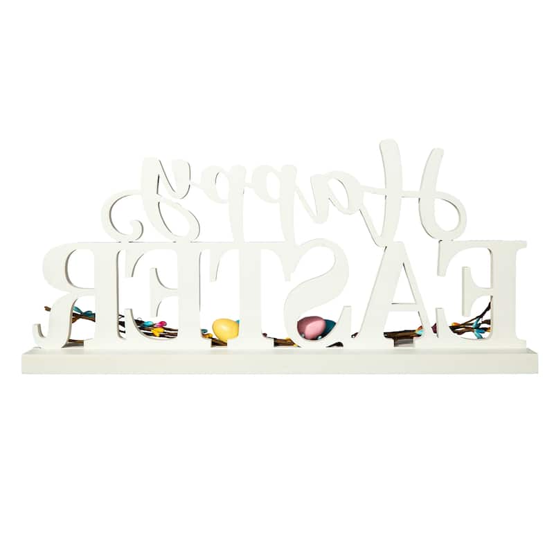 Glitzhome Wooden EASTER HOP Happy Easter with Artificial Rattan Table Sign Decor Centerpiece