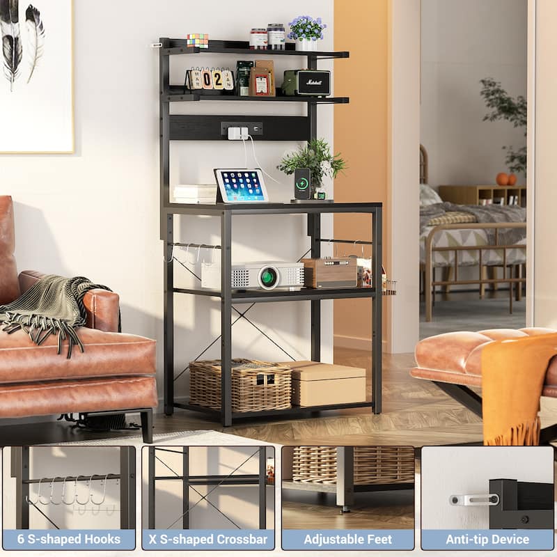 Bakers Rack Kitchen Storage Shelf with Power Outlets and RGB LED Lights,5 Tiers Coffee Bar Station,Microwave Stand