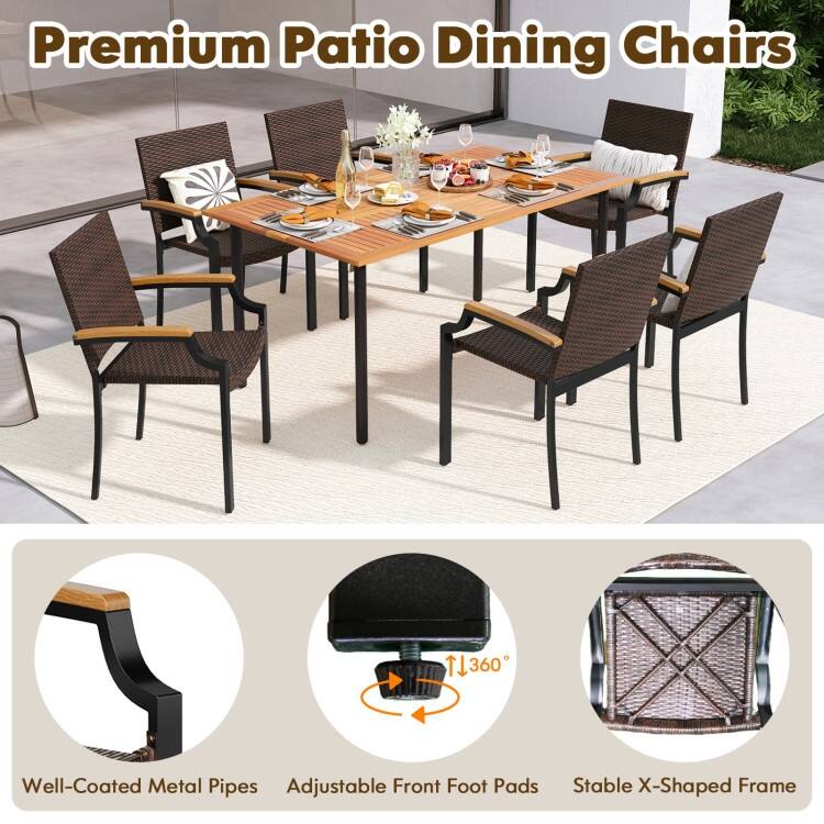 Set of 2 Mix Brown PE Rattan Metal Patio Dining Chairs with Ergonomic Back and Stackable Design - 23" x 22" x 34.5"