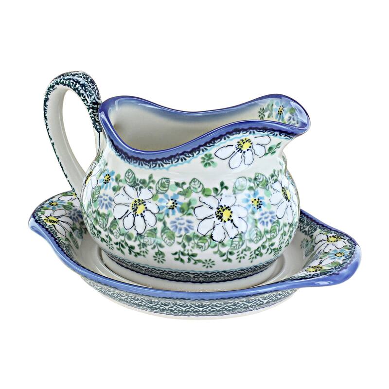 Blue Rose Polish Pottery WS03 Galia Gravy Boat and Plate - Cherished Blooms