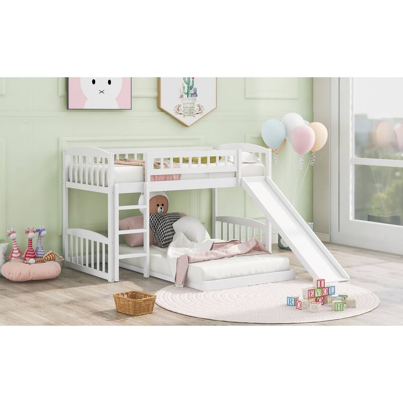 White Twin over Twin Size Solid Wood Bunk Bed with Slide and Ladder for Kids, Boys and Girls, Bedroom