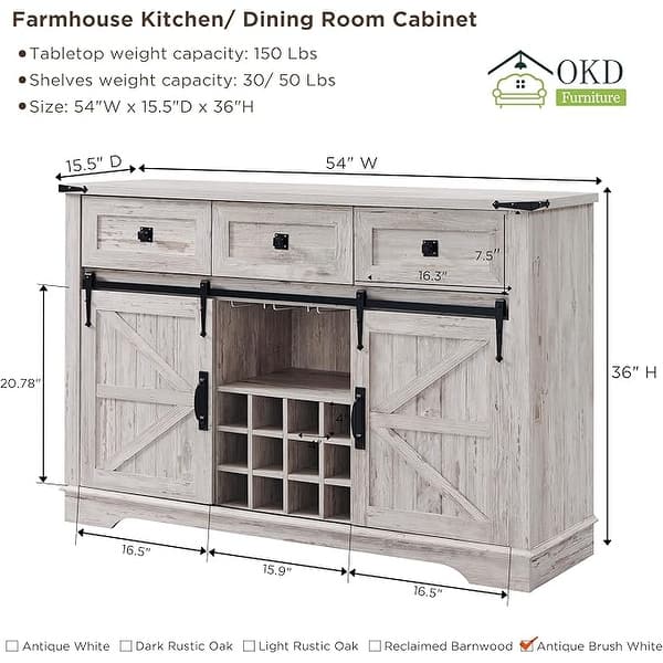 dimension image slide 3 of 6, Farmhouse Bar Cabinet, Coffee/Wine Bar Cabinet w/Wine & Glass Rack