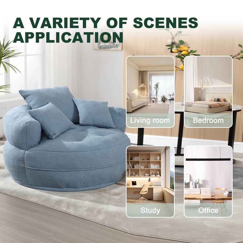 Boucle Upholstered Tufted Barrel Accent Living Room Chair With Toss Pillows