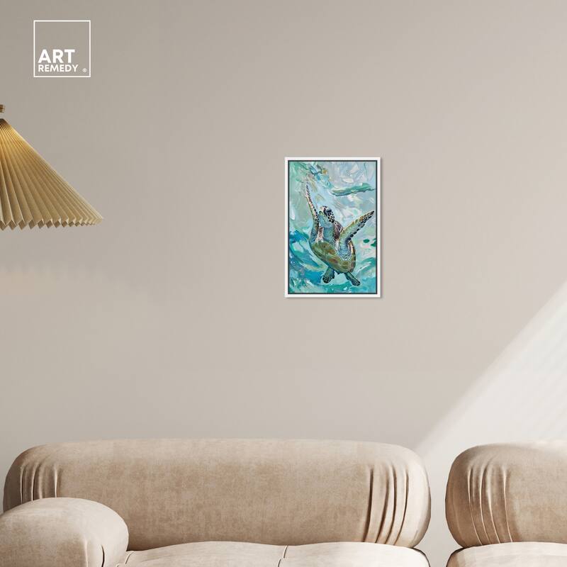 Art Remedy Serene Turtle Framed Colorful Coastal 1 Piece Canvas Wall Art
