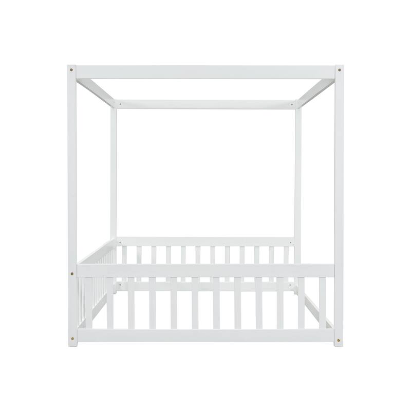 Canopy Frame Floor Bed with Fence, Guardrails