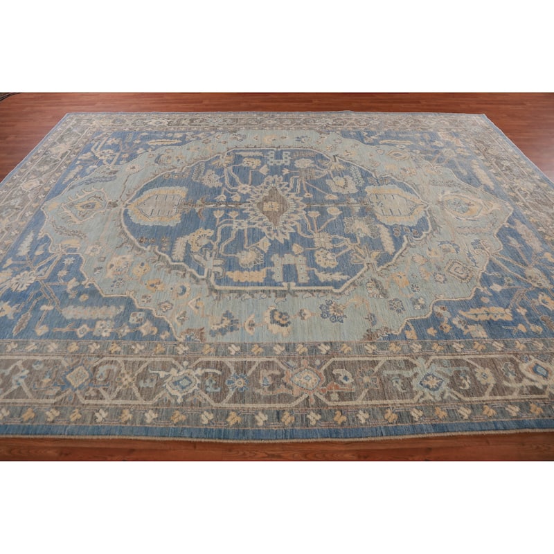 Hand Knotted Oriental 100% Wool Carpet Transitional Medallion Navy Blue & Blues Oushak Area Rug - 12' 1'' X 9' 1''