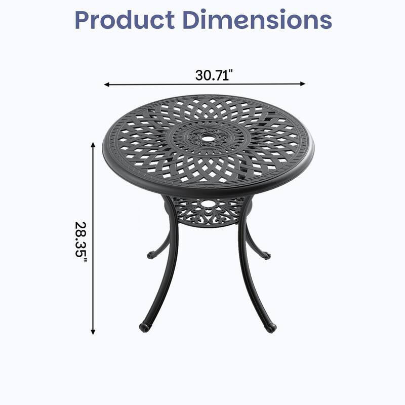 30.71 inch Black Round Cast Aluminum Patio Table with Umbrella Hole