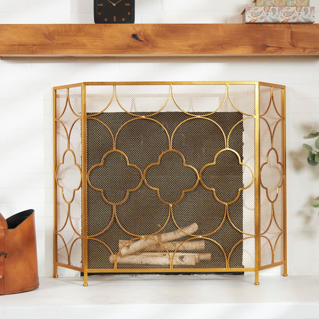 Copper Metal Foldable Mesh Netting 3 Panel Geometric Fireplace Screen with Quatrefoil Design