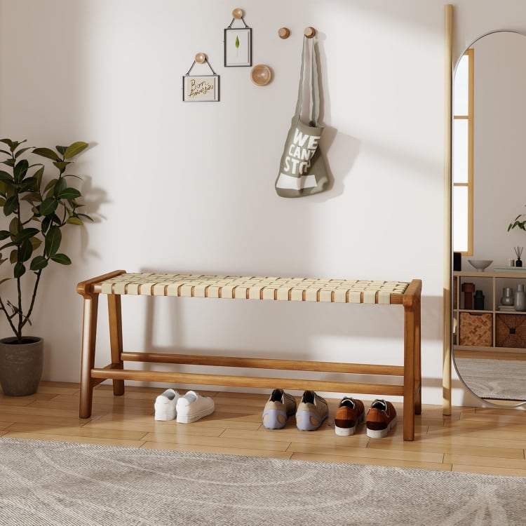 Natural-Beige Teak Wood Patio Bench with Woven Seat - 47" x 16" x 19.5"
