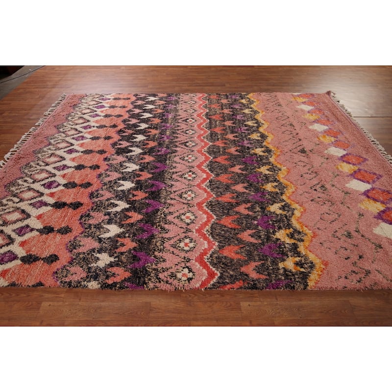 Moroccan Oriental Area Rug Handmade Geometric Pink Wool Carpet - 7'6" x 10'6"