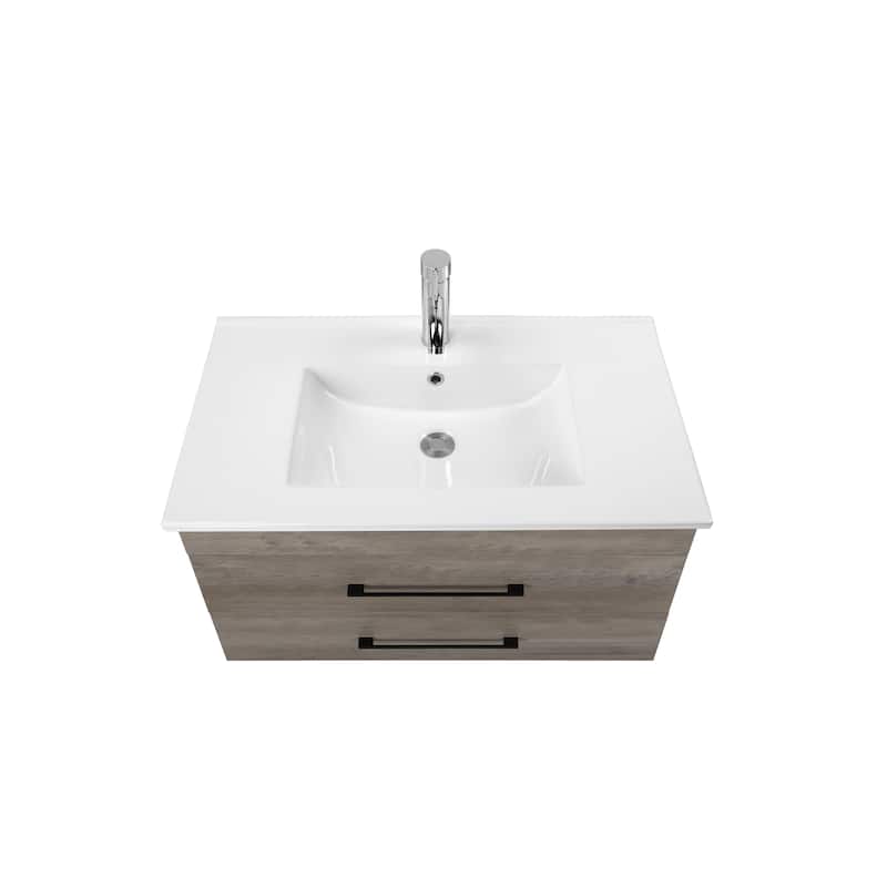 32" Wall-Mounted Bathroom Vanity with Double Drawers,White Sink,Mirror