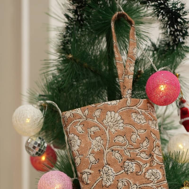 Fabdivine Hand Block Floral Print Christmas Knit Stockings, Home Decorative Gift Use - 16"X6.5"