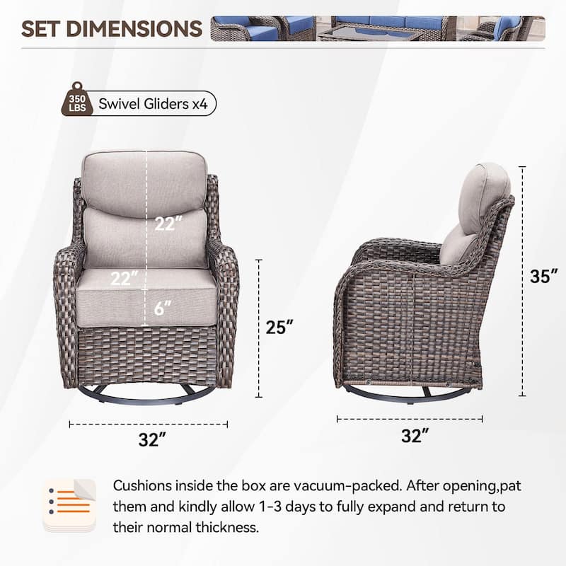 Outdoor Patio Sofa Swivel Chair with 6-Inch Thick Cushions Set