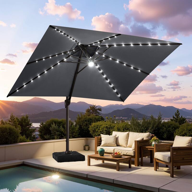 10 FT x 13 FT Outdoor Patio Premium LED Lighted Double Top Cantilever Offset Umbrella with Base - Dark Grey