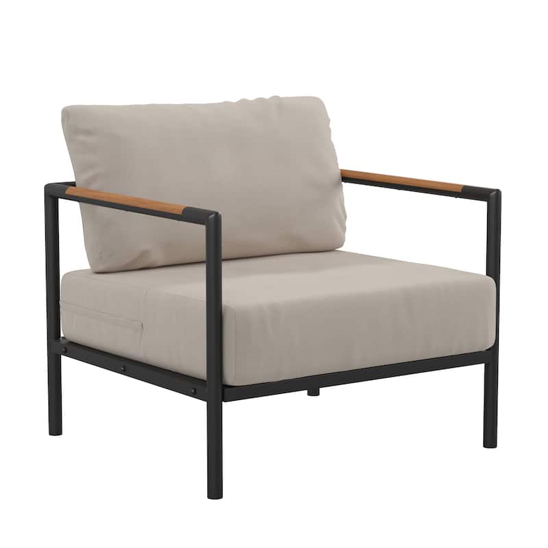 Aluminum Frame Patio Chair with Teak Arm Accents and Plush Cushions - 32.5"W x 29.5"D x 24.5"H - Beige