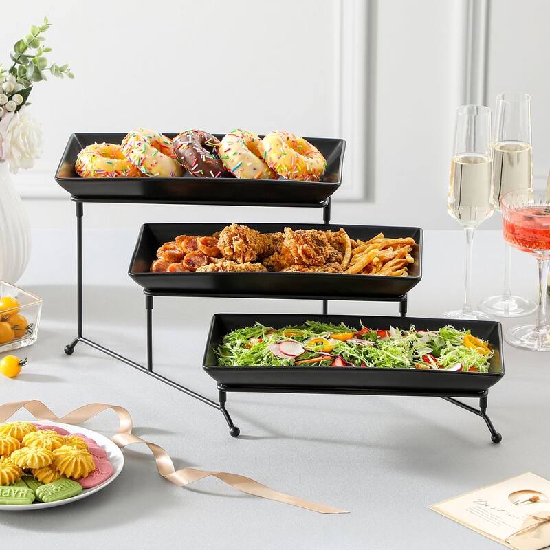 MALACASA PLAT 3-Tier 12" & 14" Porcelain Dessert Stand Black Iron Base