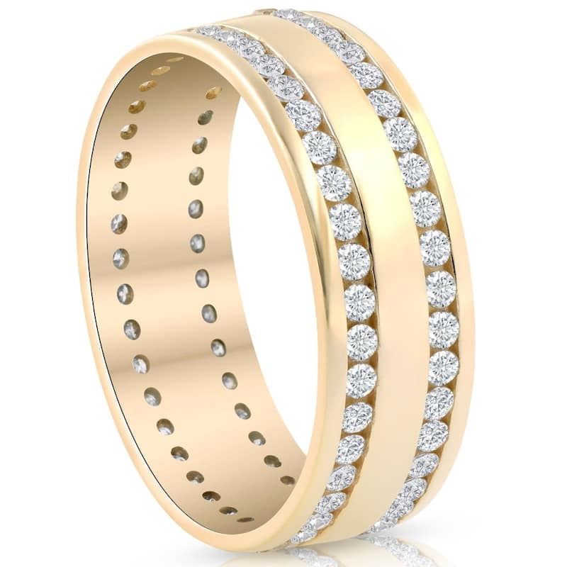 Mens 1 3/8Ct Diamond Eternity Ring Yellow Gold Double Row High Polished