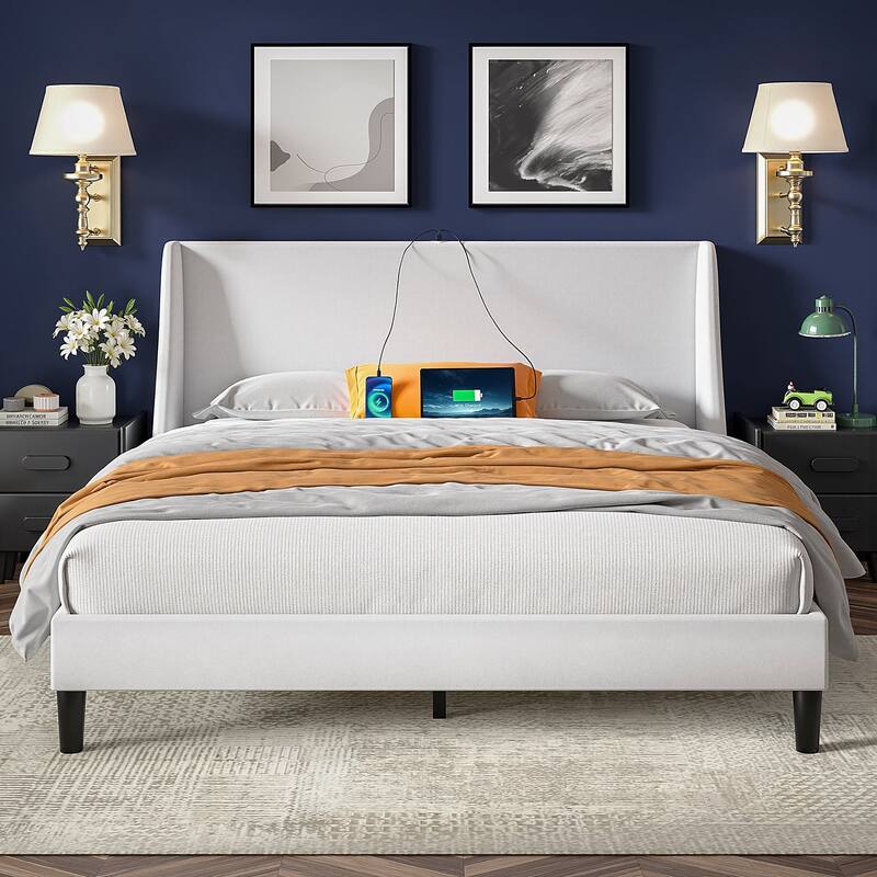 VECELO Bed Frame with Upholstered Wingback Headboard,Platform Bedframe with Charging Station & Side Pockets - White - Full