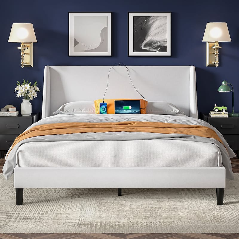 VECELO Bed Frame with Upholstered Wingback Headboard Platform Bedframe with Charging Station & Side Pockets