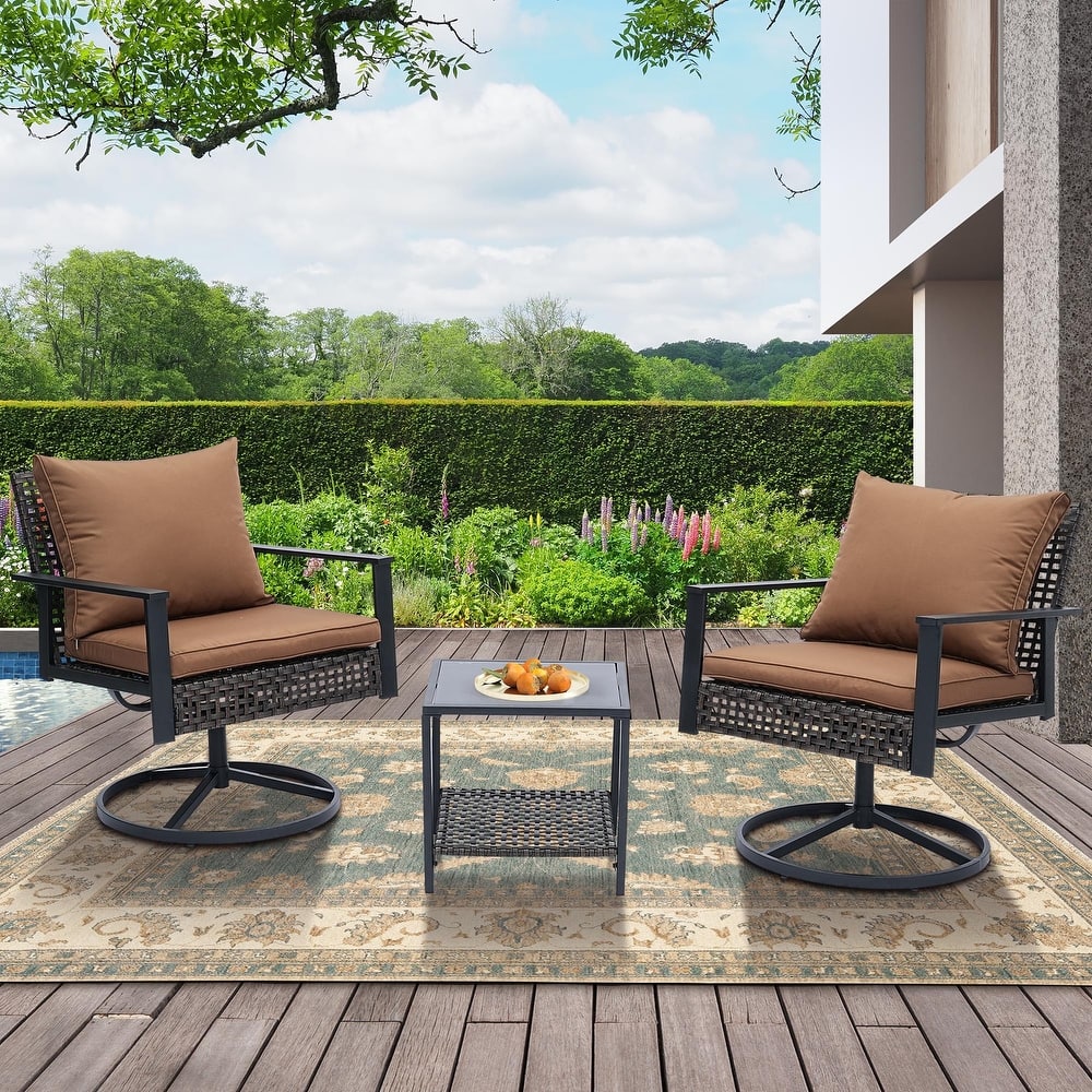Ainfox 3 Pieces Patio Outdoor Furniture Set with Coffee Table, PE Wicker Swivel Rocking Chairs