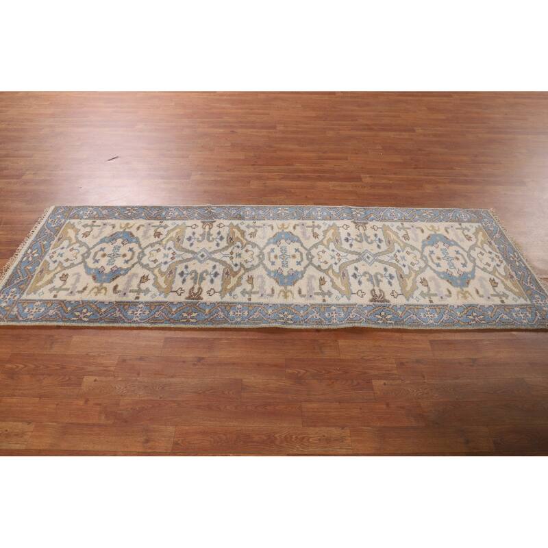 Ivory & Blue Oushak Indian Runner Rug Handmade Wool Carpet - 2'7"x 7'8"