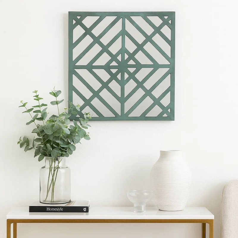 Contemporary Mirrored Wall Decor Set of 2 with Geometric Overlay on Top, Blue and Silver