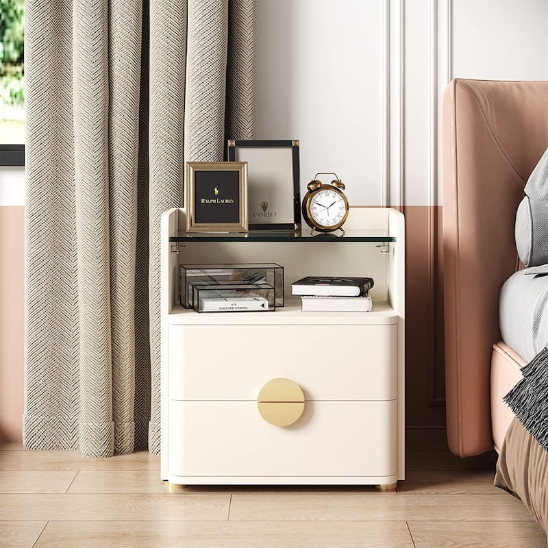 2-Drawer Nightstand, Modern Nightstands with Tempered Glasses - White - 2-drawer
