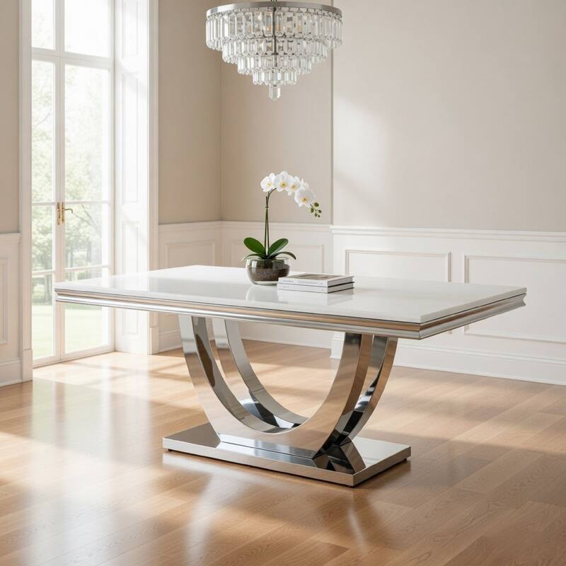 71 Inch Dining Table, Rectangular White Faux Marble Top, Pedestal Base