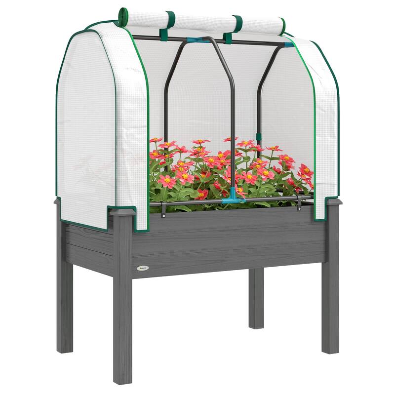 Outsunny Raised Garden Bed with PE Greenhouse Cover Outdoor Elevated Wood Planter Box , 35 x 22 x 47 inch
