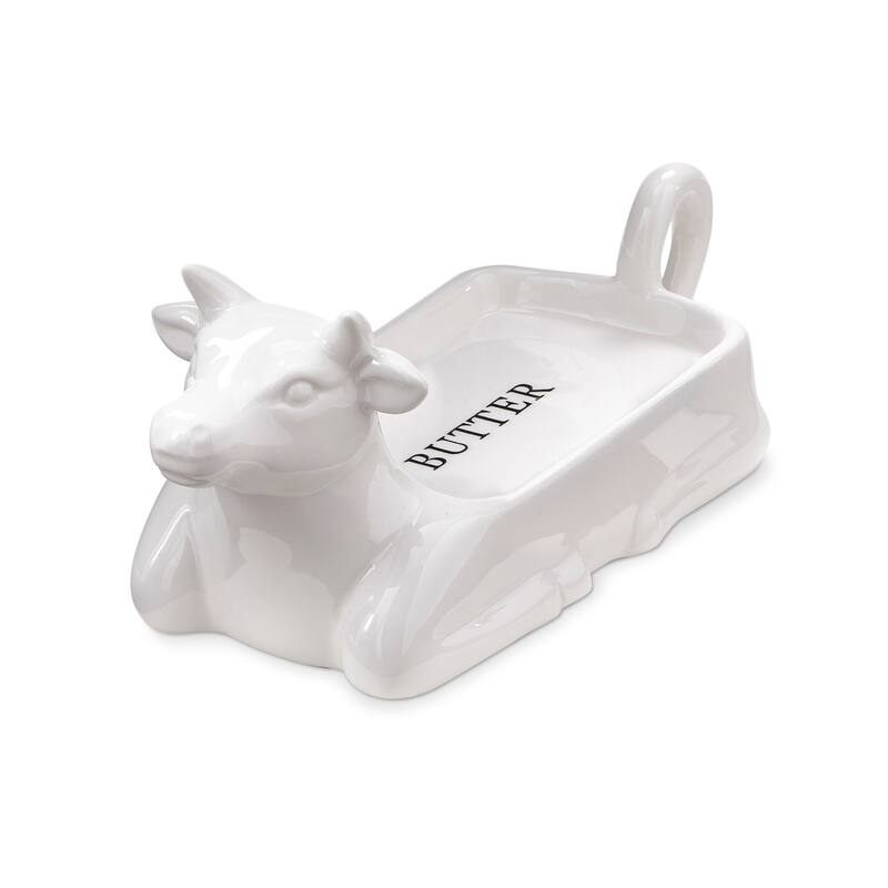 Farmhouse Christmas White Stoneware Cow Shaped Butter Dish, 9.65"L x 3.7"W x 4.0"H