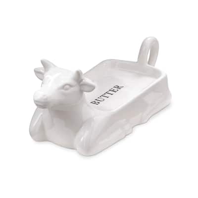 Farmhouse Christmas White Stoneware Cow Shaped Butter Dish, 9.65"L x 3.7"W x 4.0"H