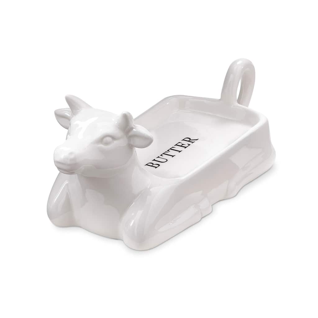 Farmhouse Christmas White Stoneware Cow Shaped Butter Dish, 9.65"L x 3.7"W x 4.0"H