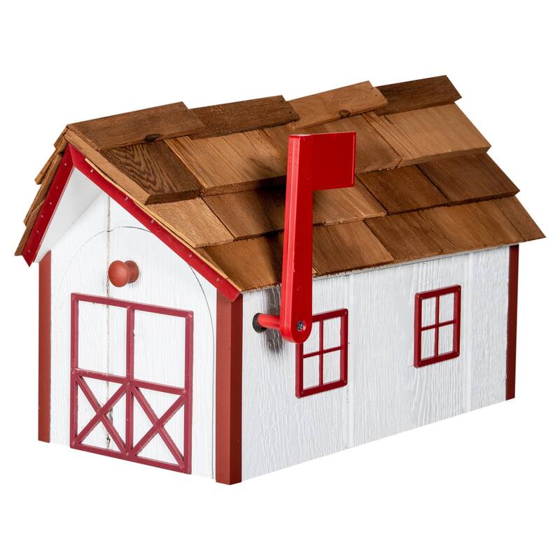 Standard Wood Mailbox with Cedar Shake Roof - White and Cardinal Red