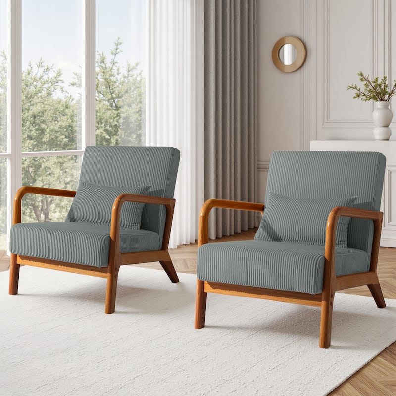 Uixe Mid Century Solid Wood Upholstered Corduroy Accent Chair - Grey-Set of 2