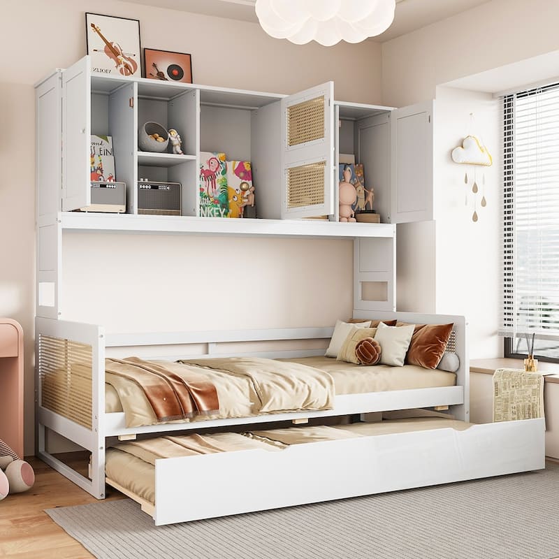 Wooden Daybed With Twin Size Trundle and All-in-One Cabinet and Shelf