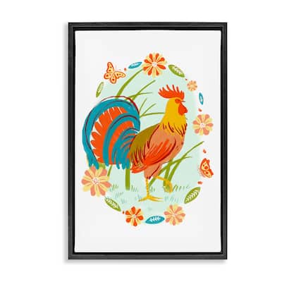 Stupell Rooster with Butterflies Border Framed Floater Canvas Wall Art Design By Hannah Moren