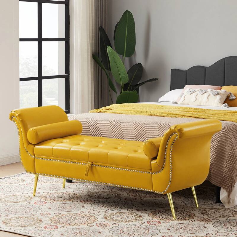 Armed Ottoman Bench PU Leather Bench Button Tufted Sofa Stool Bench Footrest Stoolfor Entryway, Living Room and Window - Yellow2