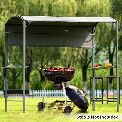 Outdoor 7Ft.Wx6.8Ft.H Steel Double Tiered Backyard Patio BBQ Grill Gazebo with Side Awning, Bar Counters and Hooks
