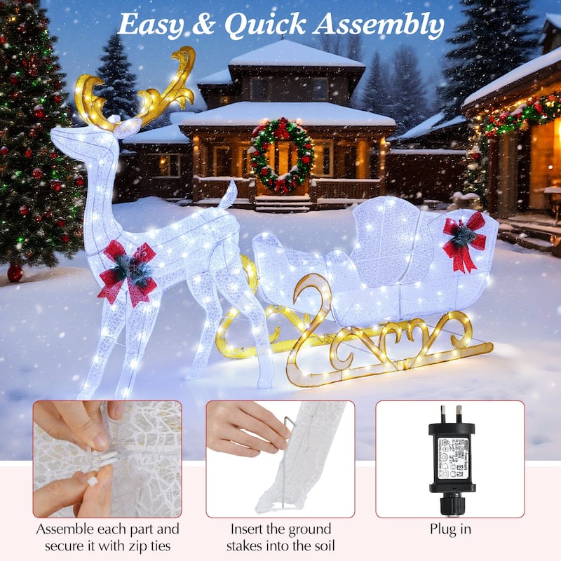 Lighted Reindeer and Sleigh Christmas Yard Decoration with 215 LED Lights for Outdoor Display
