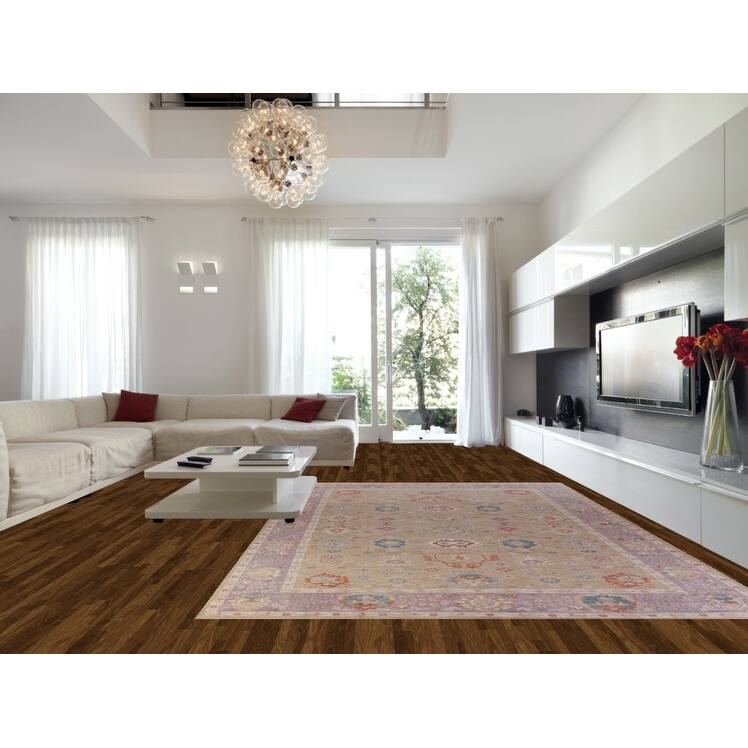 Hand Knotted Oriental 100% Wool Carpet Transitional All-Over Brown Oushak Area Rug - 14' 2'' X 9' 10''