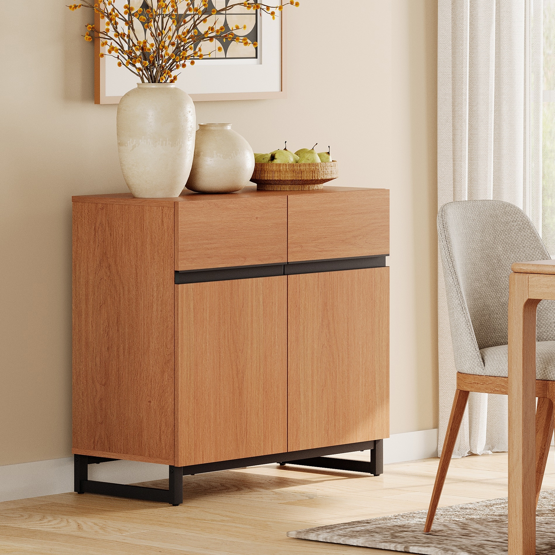 WAMPAT Storage Cabinet, Modern Sideboard with Adjustable Shelf and Metal Base