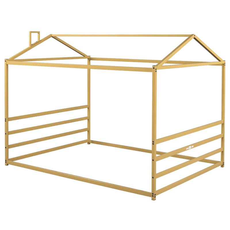 Modern Simple Queen Size Metal House Shape Platform Bed Floor Bed Frame for Kids Teens Adults, Space-Saving, Easy Assembly