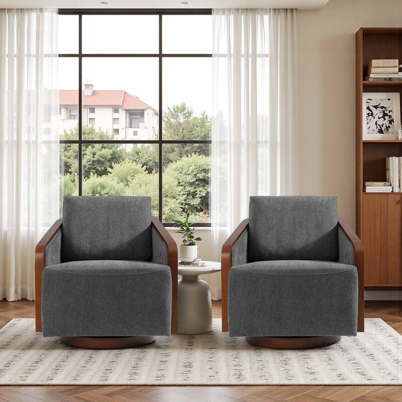 Set of 2 Modern 360° Swivel Accent Barrel Chairs with Wood Arms