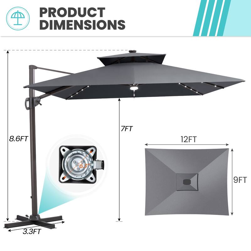 11 FT Square Outdoor Premium Double Top Solar Powered LED Patio Cantilever Umbrella