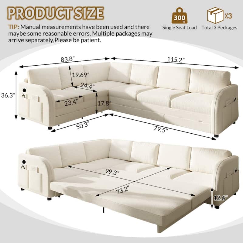 115.2" L-Shaped Teddy Sectional Sofa with Pull-Out Bed