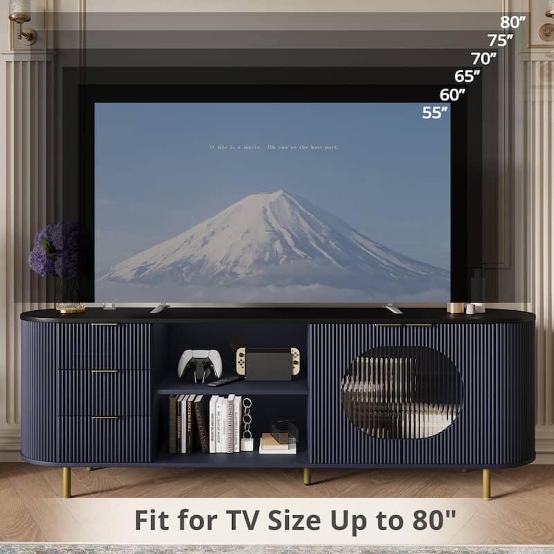 65 Inch Modern TV Stand, Fluted Media Console with Faux Marble Top