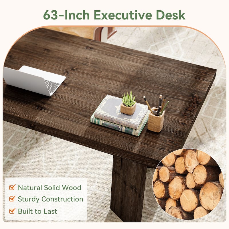 63" Solid Wood Executive Desk, Home Office Computer Study Writing Table for Office Conference Room
