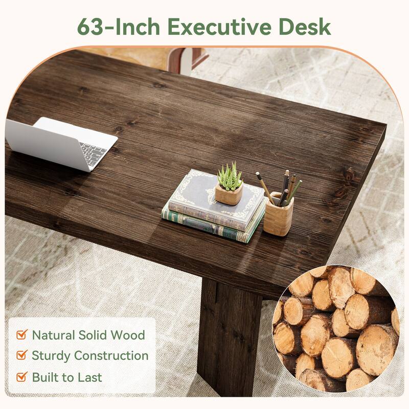 63-Inch Executive Desk, Solid Wood Home Office Computer Desk